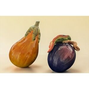 Fitz & Floyd Eggplant And Squash Salt Pepper Shaker Set Multicolor Vintage Leaf